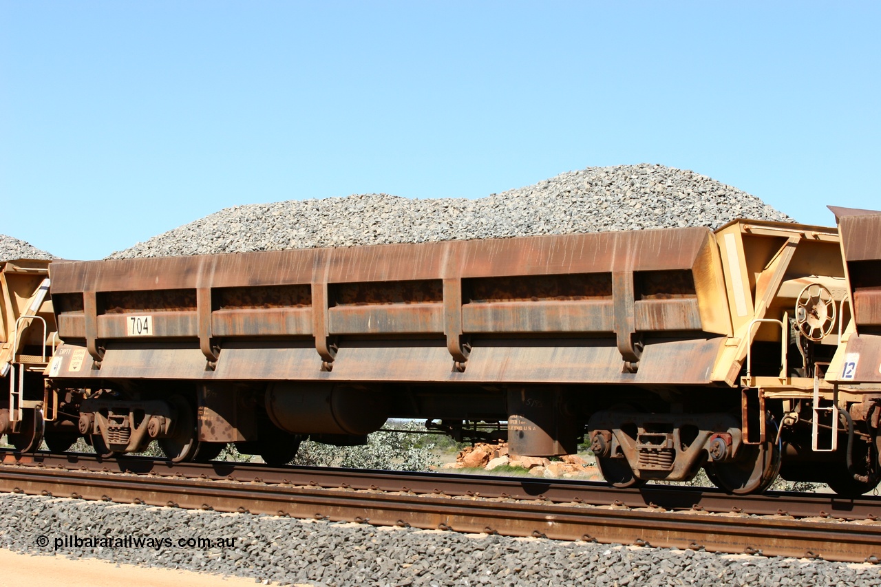 060501 3872
Tabba Siding, built by Difco USA in 1971 for Mt Newman Mining in a group of four, the last 'long' side dump waggon 704.
Keywords: Difco-Ohio-USA;BHP-ballast-waggon;