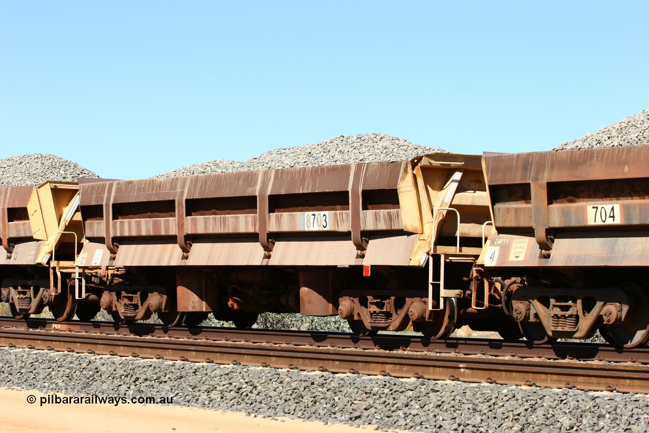 060501 3873
Tabba Siding, originally built by Difco USA for Goldsworthy Mining Ltd in 1967 as a batch of five, prefixed with 870 in BHP service, 8703 side dump waggon loaded with ballast.
Keywords: Difco-Ohio-USA;GML;BHP-ballast-waggon;