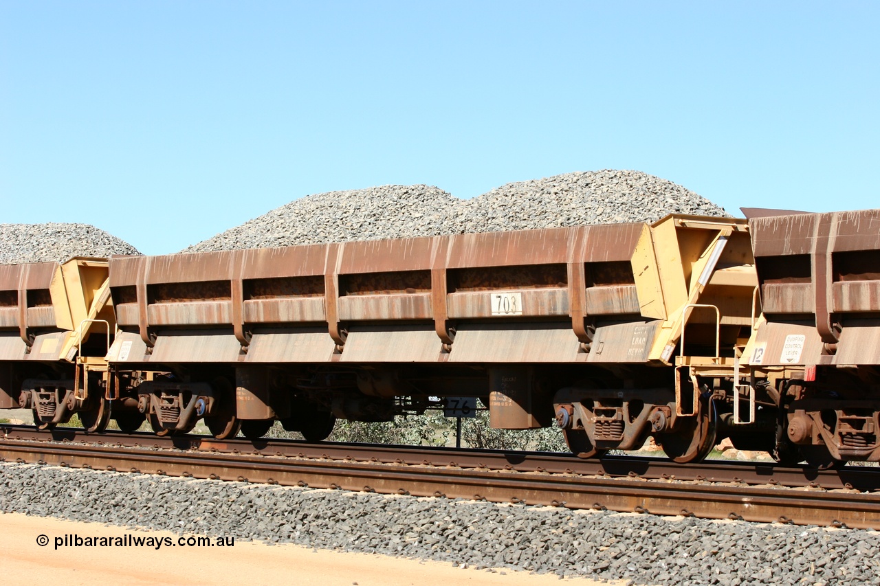 060501 3874
Tabba Siding, built by Difco USA in 1971 for Mt Newman Mining in a group of four, side dump waggon 703.
Keywords: Difco-Ohio-USA;BHP-ballast-waggon;