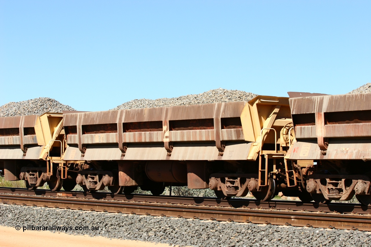 060501 3877
Tabba Siding, originally built by Difco USA for Goldsworthy Mining Ltd in 1967 as a batch of five, prefixed with 870 in BHP service, 8702 side dump waggon loaded with ballast.
Keywords: Difco-Ohio-USA;GML;BHP-ballast-waggon;