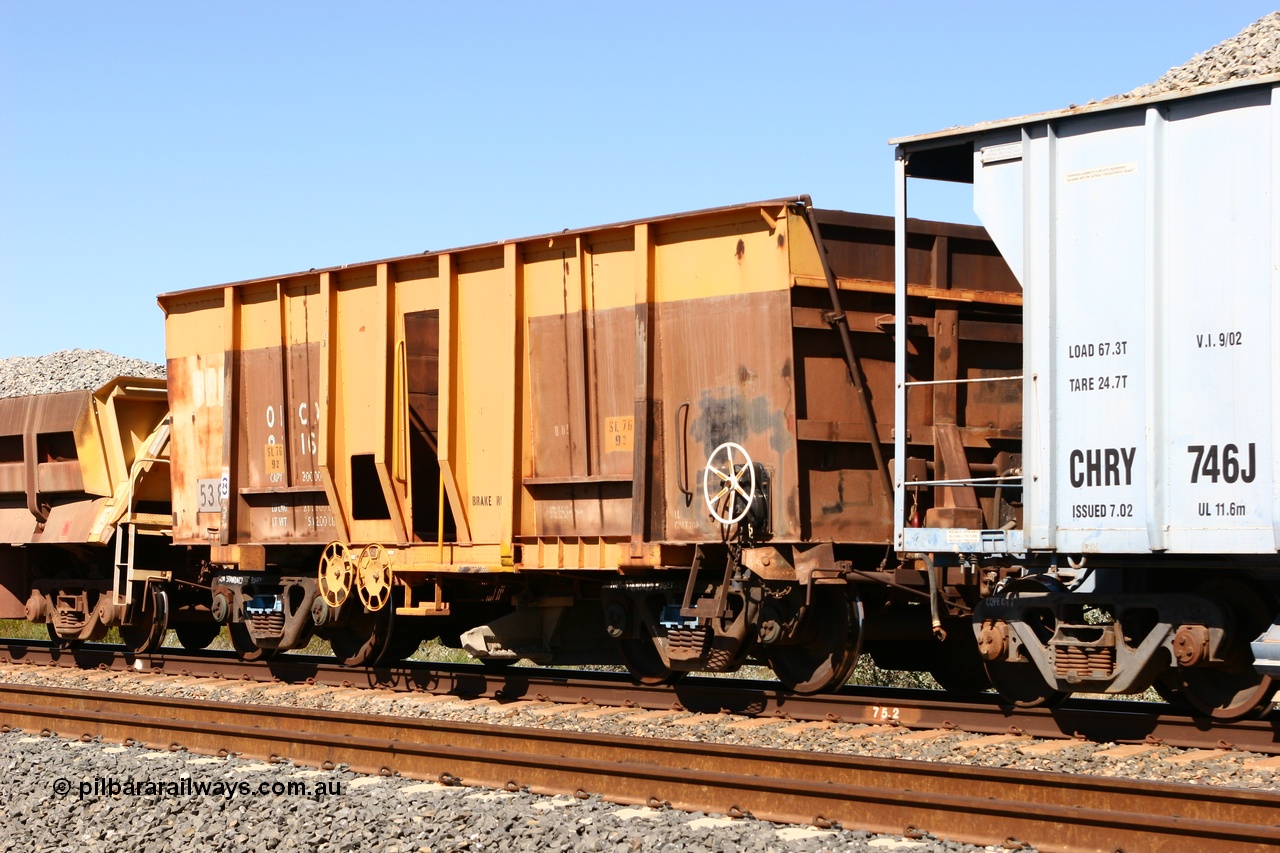 060501 3892
Tabba Siding, ballast plough waggon converted from Magor USA built Oroville ore waggon 538, still visible is the ODCX 82160 number from original service building the Oroville Dam.
Keywords: Magor-USA;BHP-ballast-waggon;Mt-Newman-Mining-WS;