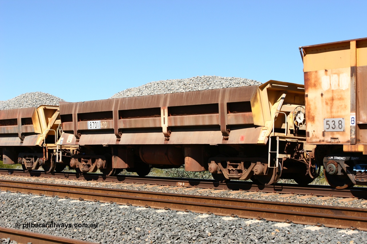 060501 3893
Tabba Siding, originally built by Difco USA for Goldsworthy Mining Ltd in 1967 as a batch of five, prefixed with 870 in BHP service, 8701 side dump waggon loaded with ballast.
Keywords: Difco-Ohio-USA;GML;BHP-ballast-waggon;