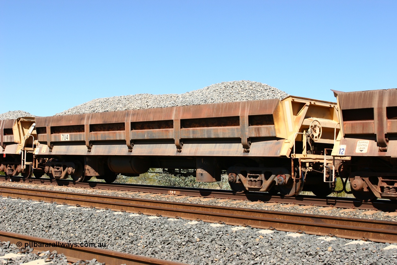 060501 3894
Tabba Siding, built by Difco USA in 1971 for Mt Newman Mining in a group of four, the last 'long' side dump waggon 704.
Keywords: Difco-Ohio-USA;BHP-ballast-waggon;