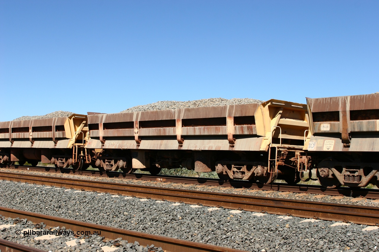 060501 3898
Tabba Siding, originally built by Difco USA for Goldsworthy Mining Ltd in 1967 as a batch of five, prefixed with 870 in BHP service, 8705 side dump waggon loaded with ballast.
Keywords: Difco-Ohio-USA;GML;BHP-ballast-waggon;