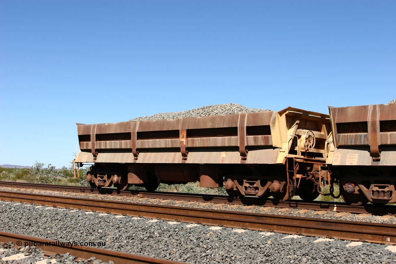 060501 3901
Tabba Siding, originally built by Difco USA for Goldsworthy Mining Ltd in 1967 as a batch of five, prefixed with 870 in BHP service, 8704 side dump waggon loaded with ballast.
Keywords: Difco-Ohio-USA;GML;BHP-ballast-waggon;