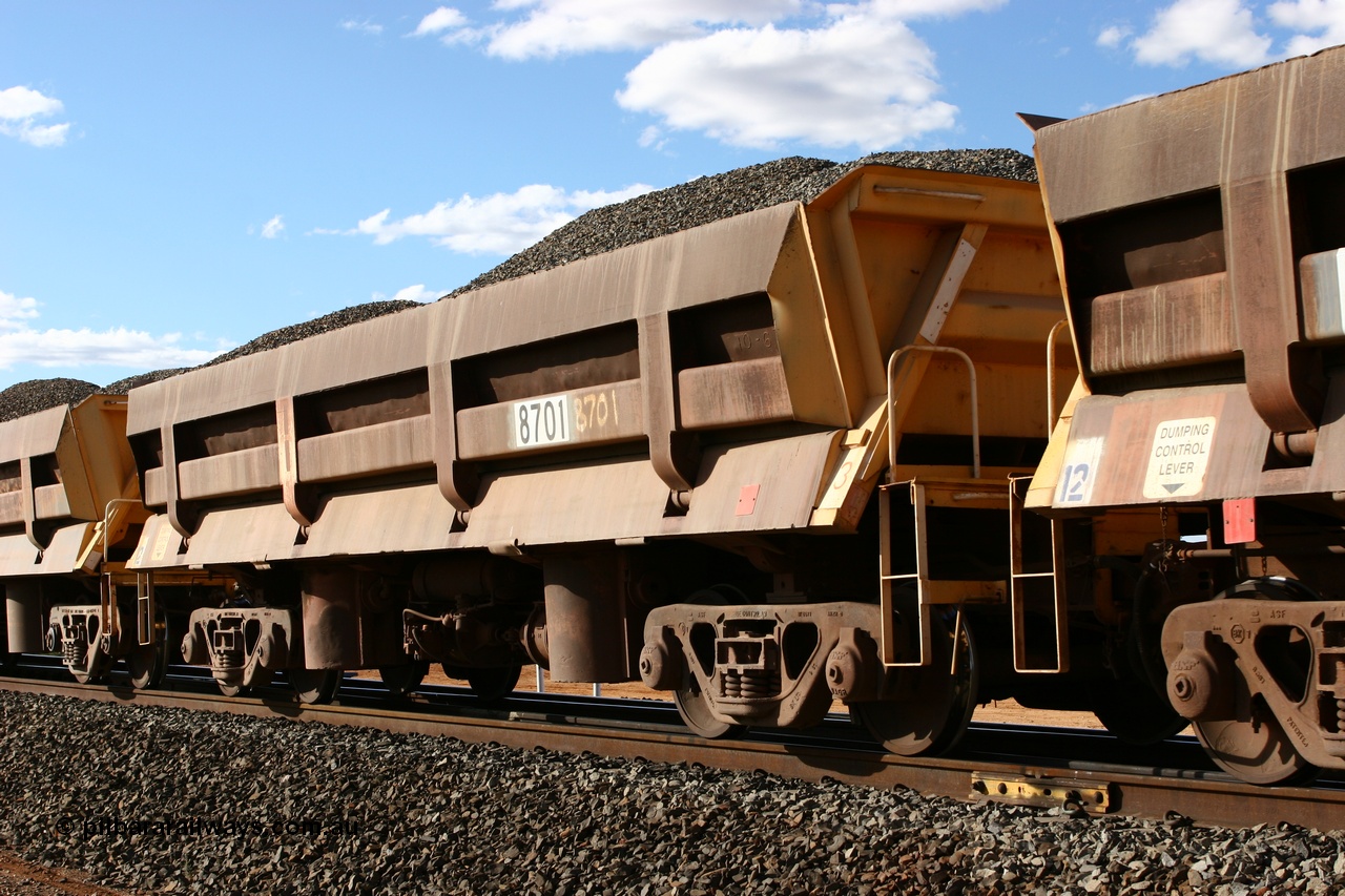 060618 6209
Abydos Siding, originally built by Difco USA for Goldsworthy Mining Ltd in 1967 as a batch of five, prefixed with 870 in BHP service, 8701 side dump waggon loaded with fines for pad capping.
Keywords: Difco-Ohio-USA;GML;BHP-ballast-waggon;