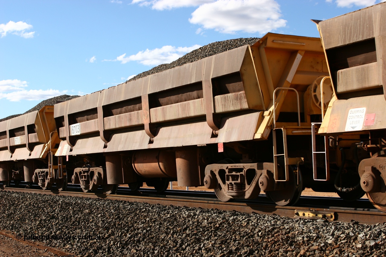 060618 6210
Abydos Siding, originally built by Difco USA for Goldsworthy Mining Ltd in 1967 as a batch of five, prefixed with 870 in BHP service, 8703 side dump waggon loaded with fines for pad capping.
Keywords: Difco-Ohio-USA;GML;BHP-ballast-waggon;
