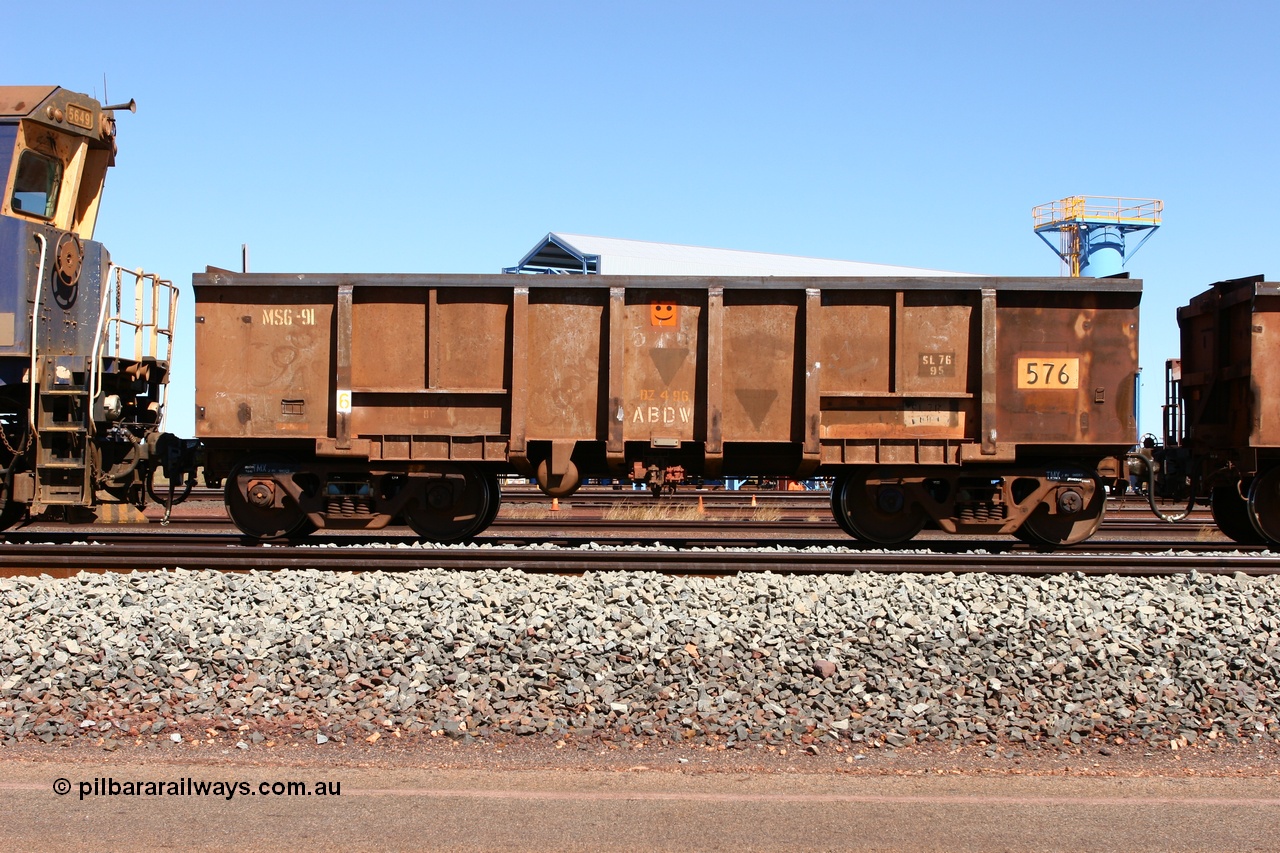 060713 6545
Boodarie Yard, modified original Magor USA built Oroville waggon 576, cut down and covered and in use as indexing waggons on the front of each rake for Finucane Island car dumpers, note the original ODCX marking visible.
Keywords: Magor-USA;Oroville;BHP-index-waggon;