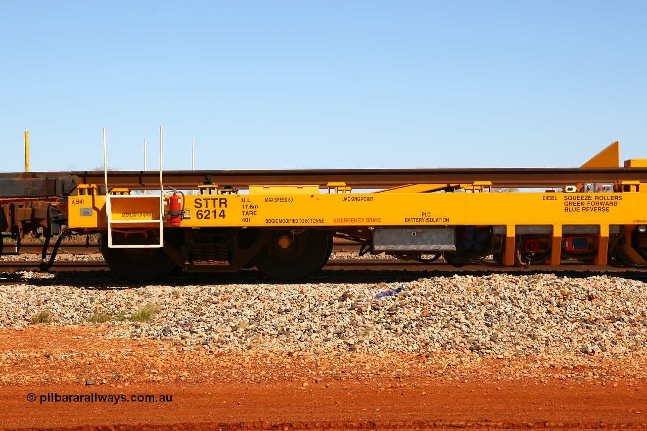 080621 2729
Gillman Siding, new Lead-Off Lead-On waggon STTR class STTR 6214 on the end of the Steel Train or rail recovery and transport train, built by Gemco Rail WA, detail of A end.
Keywords: Gemco-Rail-WA;BHP-rail-train;STTR-type;STTR6214;