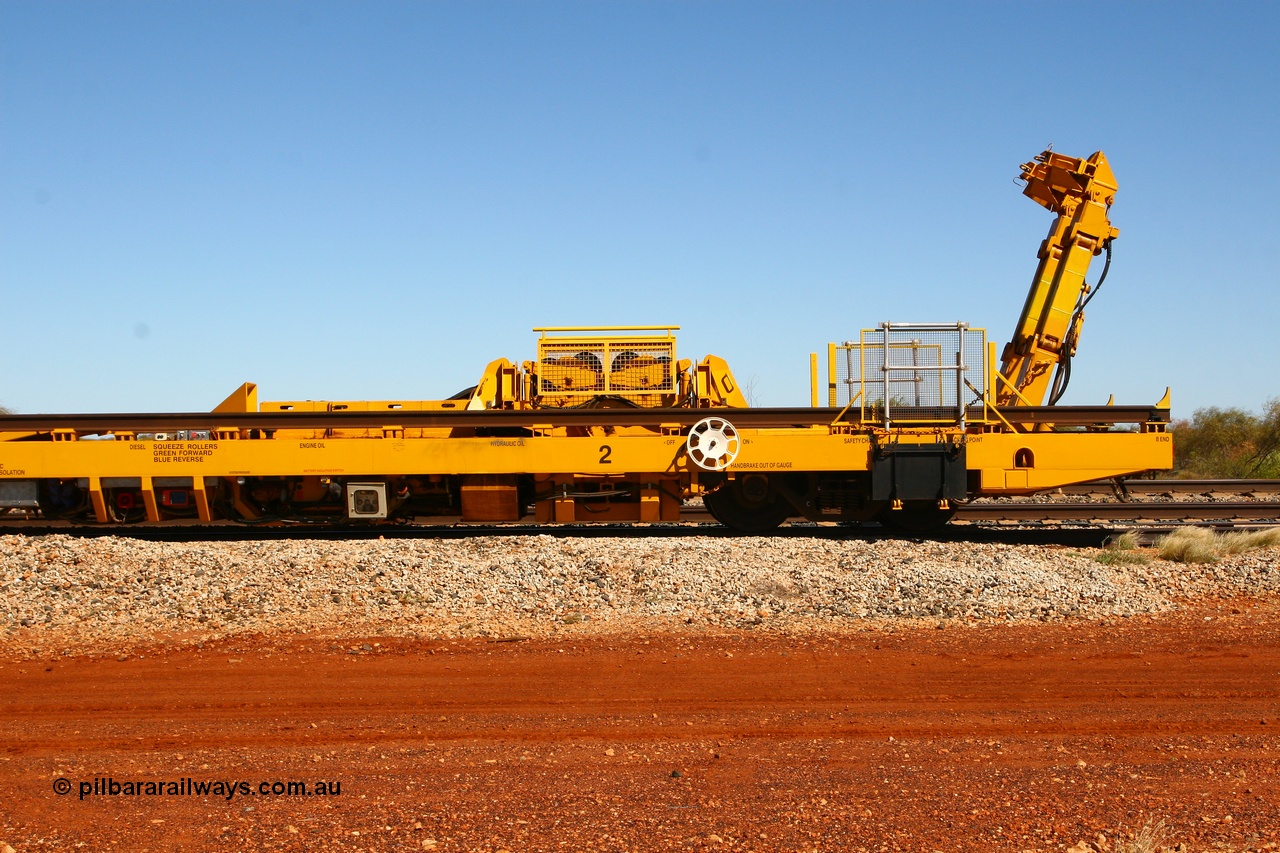 080621 2730
Gillman Siding, new Lead-Off Lead-On waggon STTR class STTR 6214 on the end of the Steel Train or rail recovery and transport train, built by Gemco Rail WA, detail of B end with squeeze rollers and chutes raised.
Keywords: Gemco-Rail-WA;BHP-rail-train;STTR-type;STTR6214;