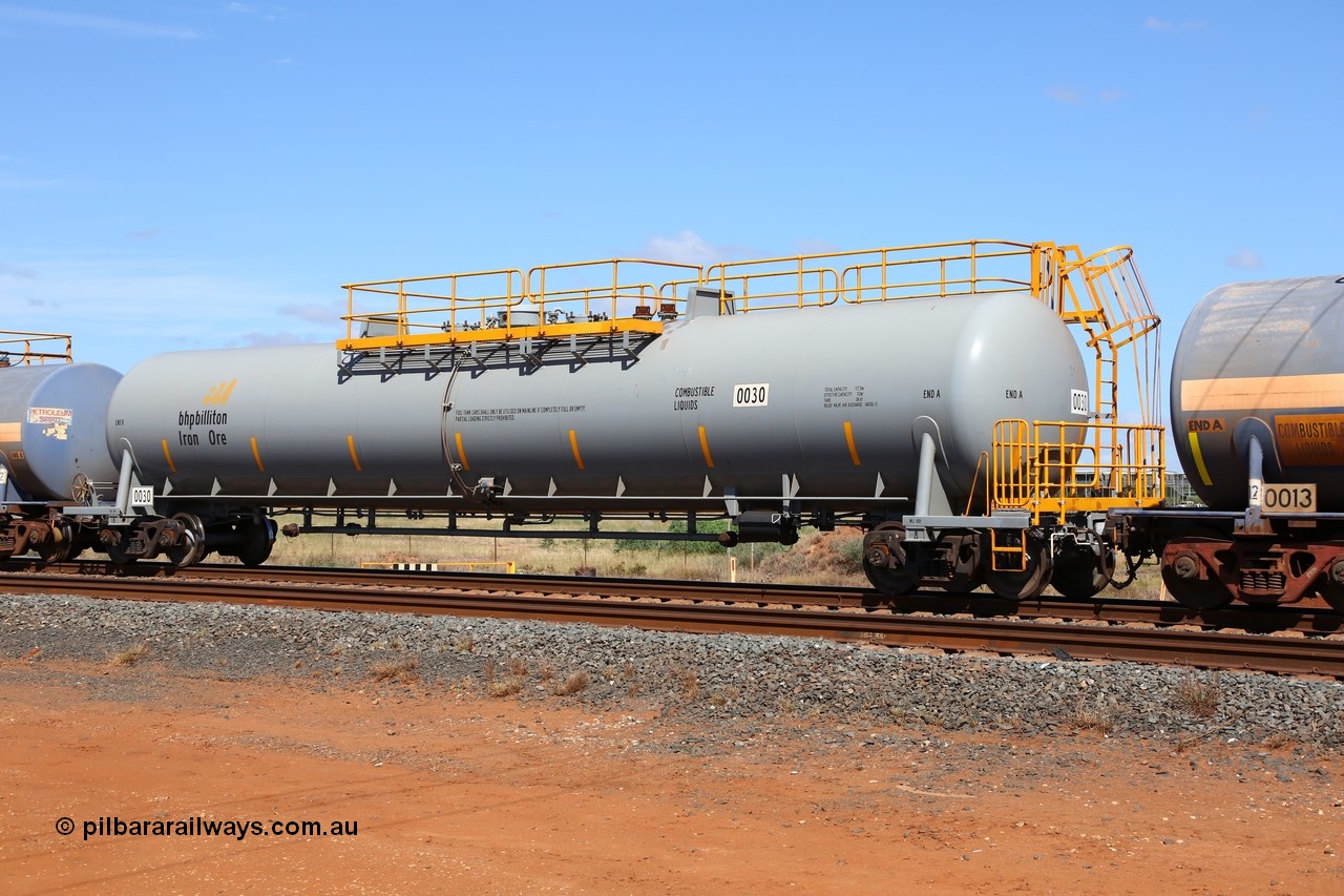 150314 7741
Bing Siding, empty 116 kL CNR-QRRS of China built tank waggon 0030, the final member of a batch of ten built in 2014.
Keywords: CNR-QRRS-China;BHP-tank-waggon;