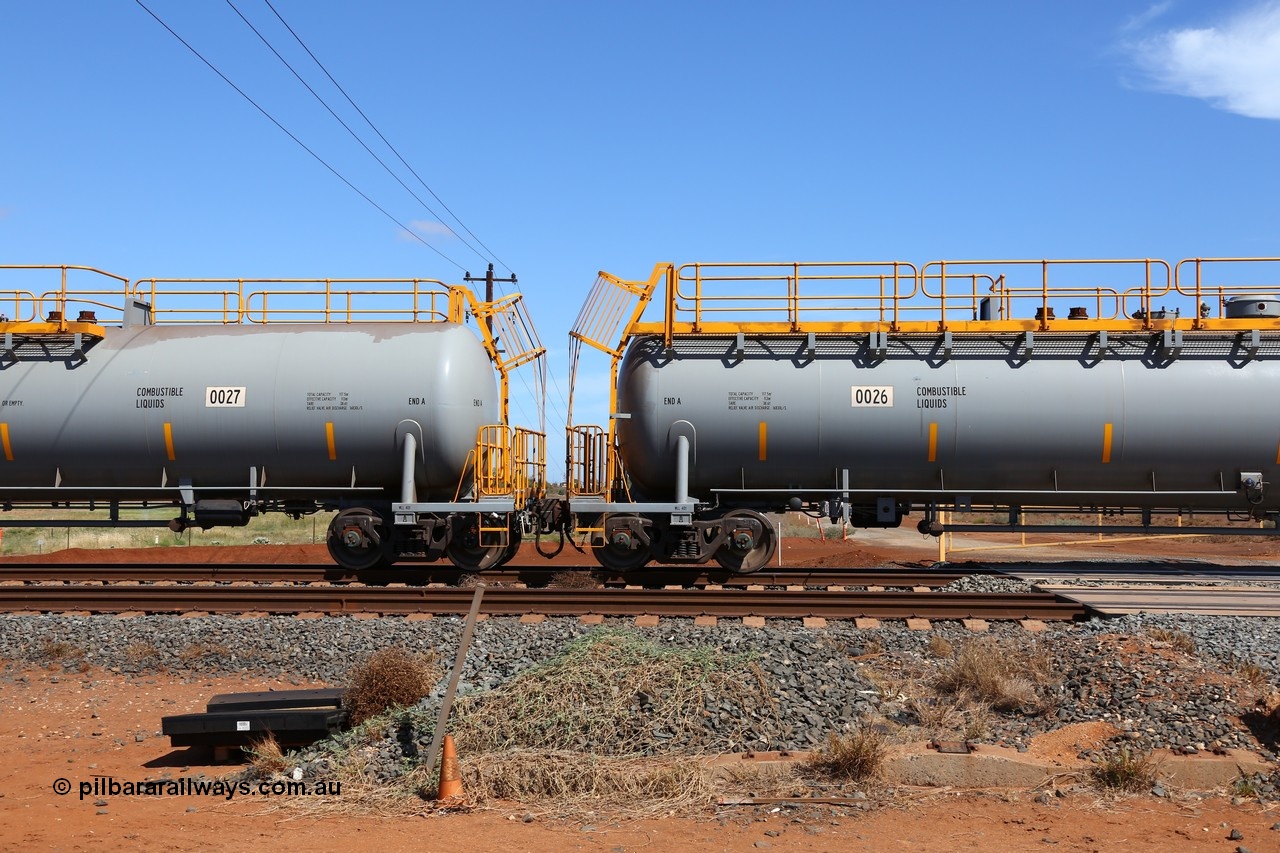 150314 7749
Bing Siding, empty 116 kL CNR-QRRS of China built tank waggons 0026 and 0027, both A ends, both from a batch of ten built in 2014.
Keywords: CNR-QRRS-China;BHP-tank-waggon;