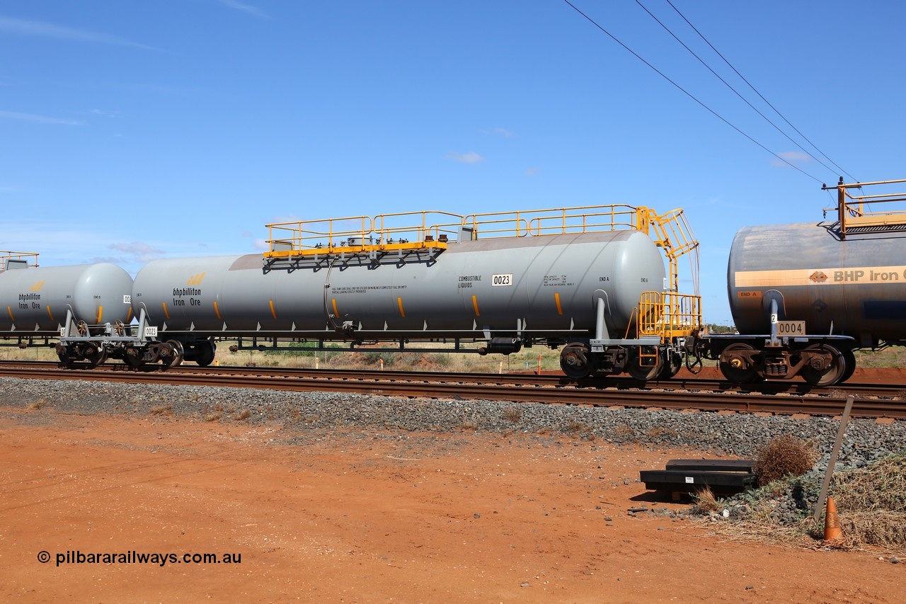 150314 7753
Bing Siding, empty 116 kL CNR-QRRS of China built tank waggon 0023, one of a batch of ten built in 2014.
Keywords: CNR-QRRS-China;BHP-tank-waggon;