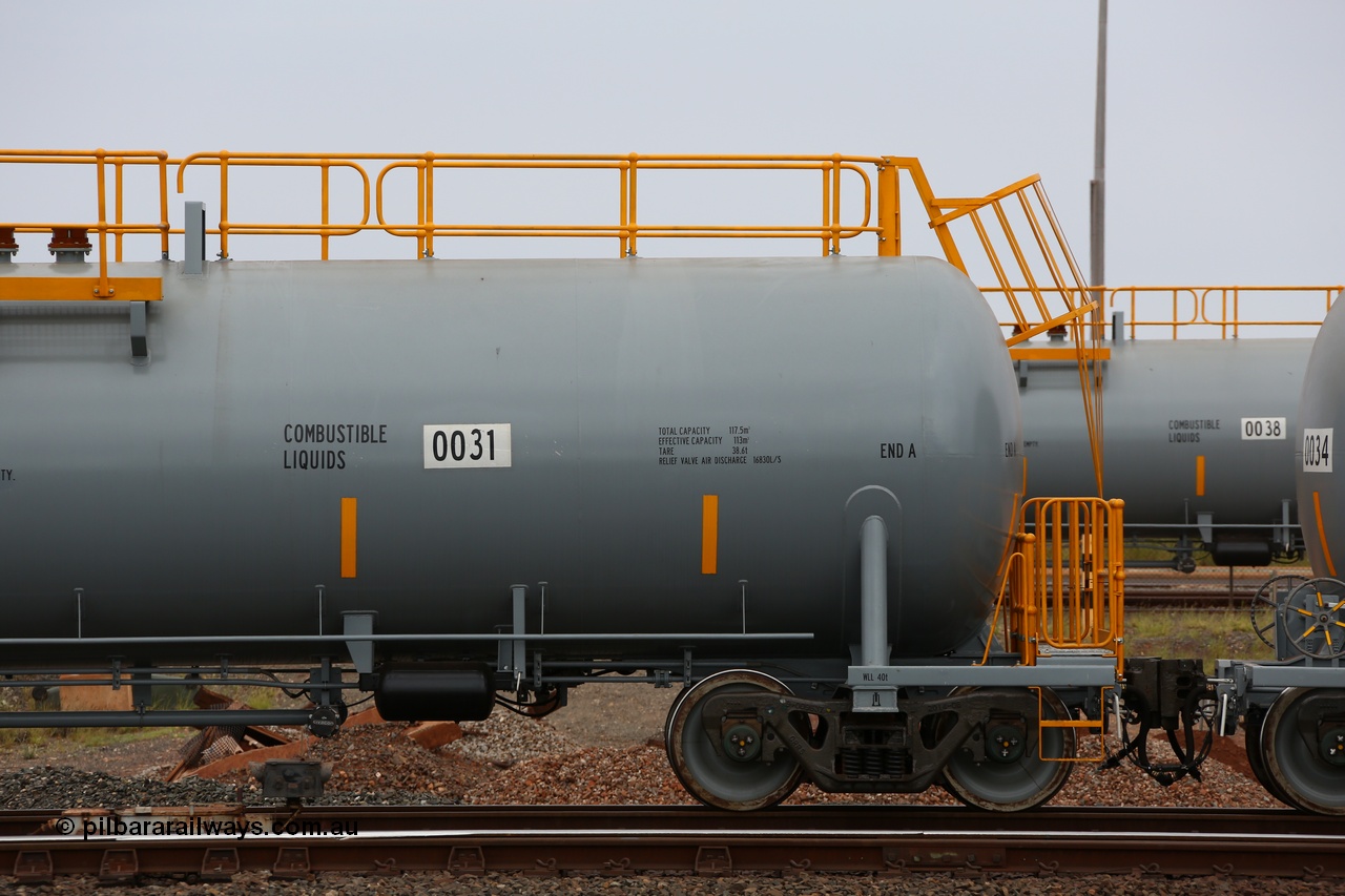 150523 8213
Nelson Point, empty 116 kL CNR-QRRS of China built tank waggon 0031, class leader of a second batch delivered in 2015, detail view of A end.
Keywords: CNR-QRRS-China;BHP-tank-waggon;