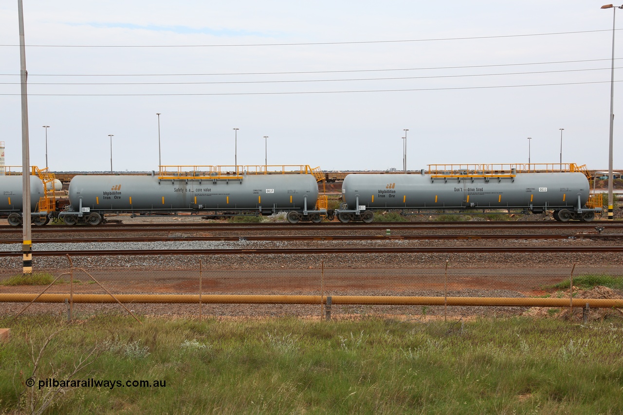 150523 8222
Nelson Point, empty 116 kL CNR-QRRS of China built tank waggons 0037 and 0033, both from a second batch delivered in 2015 with safety slogan 'Safety is a core value' and 'Don't drive tired'.
Keywords: CNR-QRRS-China;BHP-tank-waggon;
