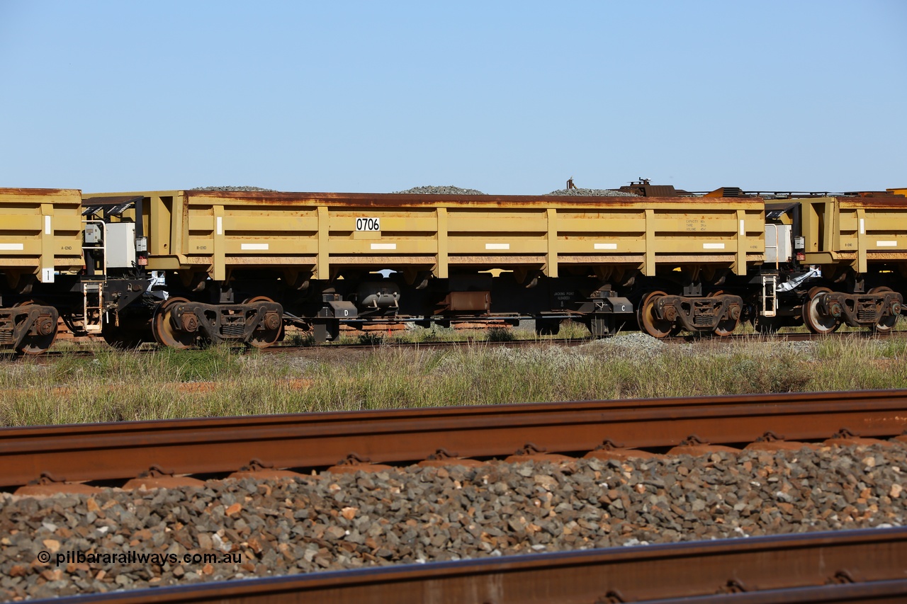 150619 9076
Flash Butt yard, CNR-QRRS of China built side dump waggons, built and delivered around 2011-12, waggon 0706 loaded with fines for sheeting.
Keywords: CNR-QRRS-China;BHP-ballast-waggon;
