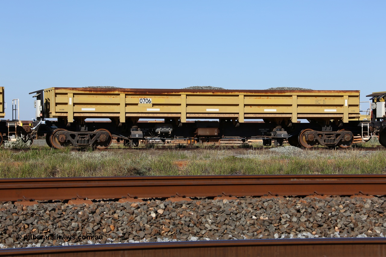 150619 9086
Flash Butt yard, CNR-QRRS of China built side dump waggons, built and delivered around 2011-12, waggon 0706 loaded with fines for sheeting.
Keywords: CNR-QRRS-China;BHP-ballast-waggon;