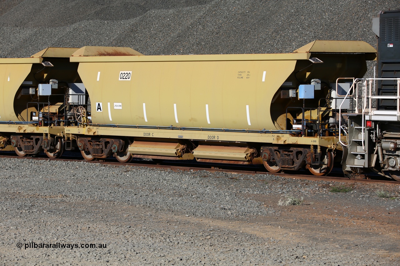 150620 9327
Quarry 8 ballast loading area, CNR-QRRS of China built 99 tonne ballast waggon 0220 waits to be loaded.
Keywords: CNR-QRRS-China;BHP-ballast-waggon;