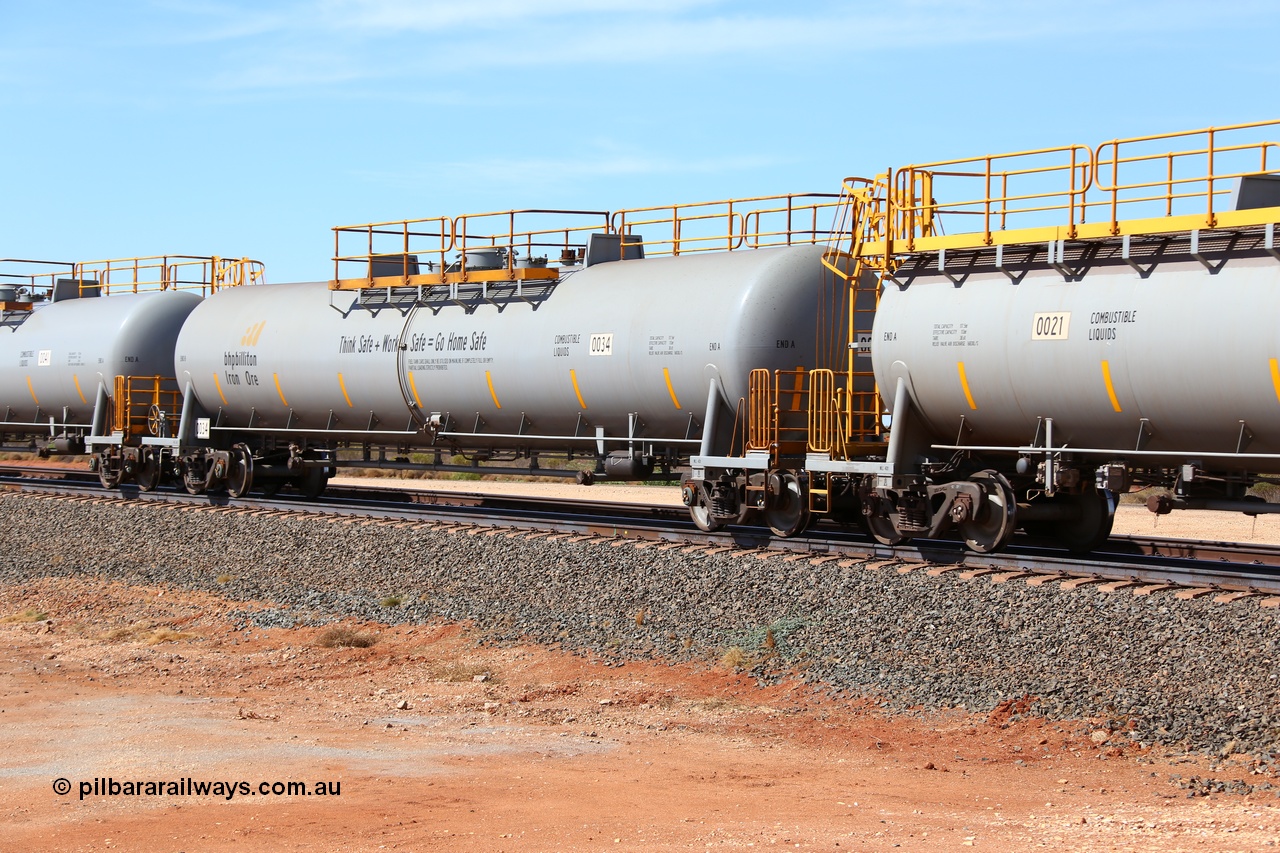 160128 00336
Mooka Siding, empty 116 kL CNR-QRRS of China built tank waggon 0034, one of a second batch delivered in 2015 with safety slogan 'Think Safe + Work Safe = Go Home Safe'.
Keywords: CNR-QRRS-China;BHP-tank-waggon;