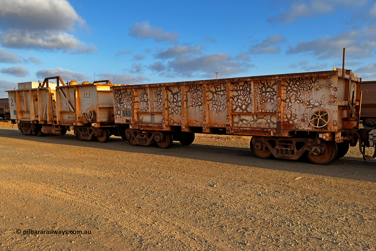 CC2 Mt Newman Mining Workshops 231130 6562
Compressor waggon set No. 2, made from a pair of cut down Magor USA built 91 ton ore waggons 561 and 575, originally ex Oroville Dam, California before Mount Newman Mining.
Keywords: Magor-USA;BHP-compressor-set;