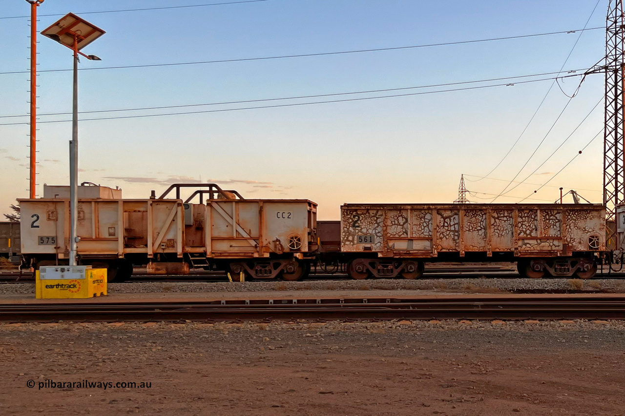 CC2 Mt Newman Mining Workshops 240107 6737
Compressor waggon set No. 2, made from a pair of cut down Magor USA built 91 ton ore waggons 561 and 575, originally ex Oroville Dam, California before Mount Newman Mining.
Keywords: Magor-USA;BHP-compressor-set;