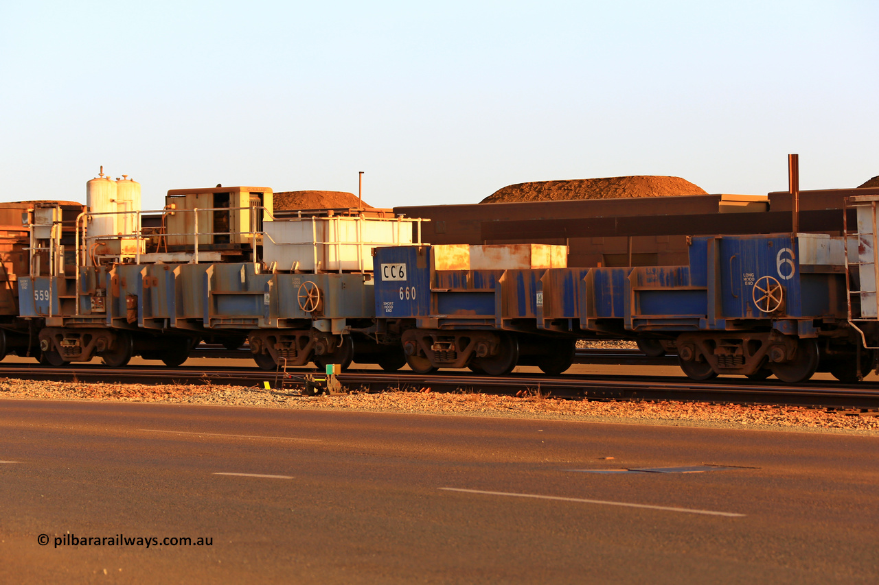 CC6 BHP Iron Ore 231231 2765
Compressor waggon set No. 6, made from a pair of cut down Magor USA built 91 ton ore waggons 559 and 660, originally ex Oroville Dam, California before Mount Newman Mining.
Keywords: Magor-USA;BHP-compressor-set;