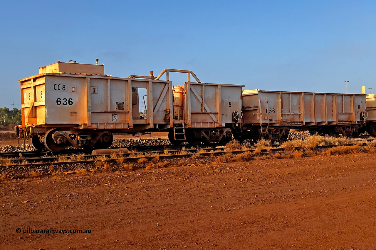 CC8 Mt Newman Mining Workshops 240101 6723
Compressor waggon set No. 8, consisting of a compressor car closest to camera and the weighted 'ballast' waggon. Modified from former original Magor USA build ore waggons 636 and 656 and used on the end of rakes to keep the brakes of as they are run through the dumpers.
Keywords: Magor-USA;BHP-compressor-set;