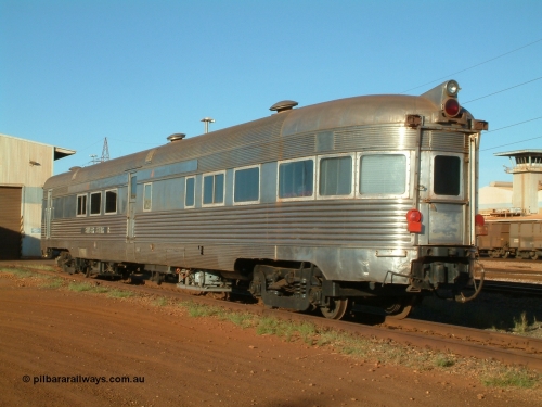 Sundowner EG Budd USA 040616 162128
Nelson Point, the Sundowner coach, originally built by E. G. Budd in 1939 numbered 301 as the Silver Star as a diner-parlour-observation coach on the Chicago, Burlington and Quincy Railroad's General Pershing Zephyr train from the 1930s and 1940s. Donated to Mt Newman Mining Co. by AMAX an original joint venture partner to commemorate the projects first 100 million tonnes of iron ore railed between Mount Whaleback mine and the Port Hedland port.
Keywords: Silver-Star;EG-Budd;Sundowner;General-Pershing-Zephyr;301;
