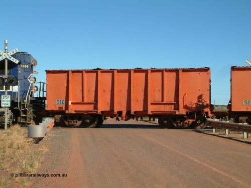 0510 Mt Newman Mining Workshops 040806 091220
Goldsworthy Junction, weighbridge test waggon 510 originally built by Magor USA and ex Oroville Dam, converted by Mt Newman Mining into a test waggon.
