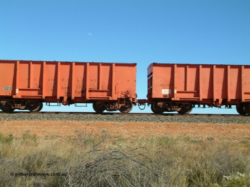 0507 Mt Newman Mining Workshops 040806 092434
Goldsworthy Junction, weighbridge test waggon 507, originally built by Magor USA and ex Oroville Dam, converted by Mt Newman Mining into a 20 ton axle load test waggon coupled to 510.
Keywords: Magor-USA;BHP-weigh-waggon;
