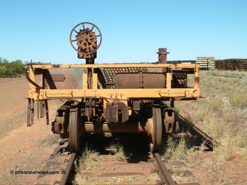 0206 Mt Newman Mining Workshops 040806 102142
Flash Butt yard, heavily stripped down riveted waggon 206, possible original ballast waggon, number 206 was originally a waggon in the 'Camp Train' and appears to have USA origin, view of handbrake end.
