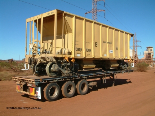 CHQY 730 040814 091958
Nelson Point, CFCLA ballast waggon CHQY type 730 just being delivered to BHP Iron Ore as part of the Rail PACE project, 3/4 view from handbrake end.
Keywords: CHQY-type;CHQY730;CFCLA;CRDX-type;BHP-ballast-waggon;