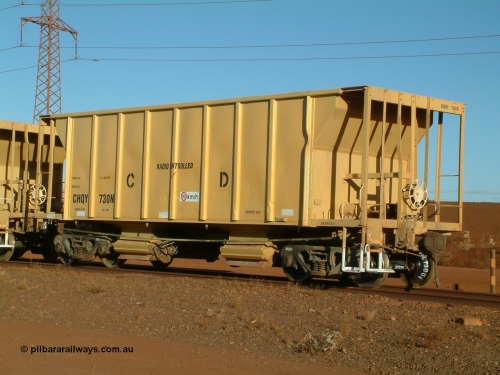 CHQY 730 040815 164619
Nelson Point, CFCLA ballast waggon CHQY type 730 just being delivered to BHP Iron Ore as part of the Rail PACE project, 3/4 view from handbrake end.
Keywords: CHQY-type;CHQY730;CFCLA;CRDX-type;BHP-ballast-waggon;
