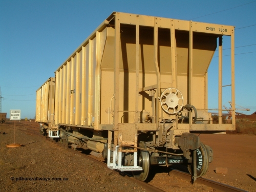 CHQY 730 040815 164800
Nelson Point, CFCLA ballast waggon CHQY type 730 having just been offloaded from road transport and placed on rail, view from handbrake end.
Keywords: CHQY-type;CHQY730;CFCLA;CRDX-type;BHP-ballast-waggon;