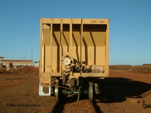 CHQY 730 040815 164812
Nelson Point, CFCLA ballast waggon CHQY type 730, view from handbrake end.
Keywords: CHQY-type;CHQY730;CFCLA;CRDX-type;BHP-ballast-waggon;