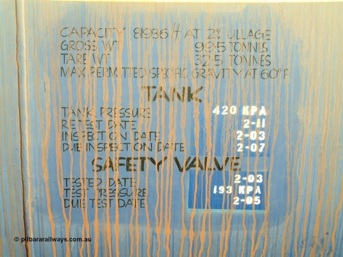 0020 Comeng NSW 040815 171350
Nelson Point, detail view of data placard of fuel tank waggon 0020, 82 kilolitre capacity built by Comeng NSW for BP as RTC 2, used by Mt Newman Mining, unsure when converted to 0020.
Keywords: Comeng-NSW;BP-Oil;RTC2;BHP-tank-waggon;