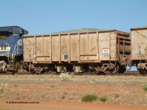 0509 Magor USA 041012 082946
Bing Siding, one of twenty original Oroville Dam waggons built by Magor USA in 1963, sold to Mt Newman Mining in 1968, ballast waggon 509 (of 501-520) still in near delivered condition. Note the access ladder and the weld line where the internal plates are for bottom discharge of ballast.
