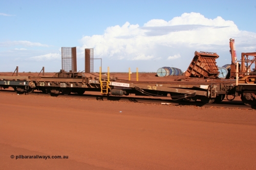 6011 Scotts of Ipswich Qld 050319 0142
Nelson Point, rail recovery and transport train, 1st lead off waggon 6011, built by Scotts of Ipswich 04-09-1970, the mesh guarding is for the winch cable. The chute arrangement for the discharging and recovery of rail is visible.
Keywords: Scotts-Qld;BHP-rail-train;