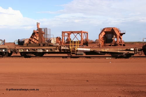 6011 Scotts of Ipswich Qld 050319 0144
Nelson Point, rail recovery and transport train, 1st lead off waggon 6011, built by Scotts of Ipswich 04-09-1970, the mesh guarding is for the winch cable. The chute arrangement for the discharging and recovery of rail is visible.
Keywords: Scotts-Qld;BHP-rail-train;