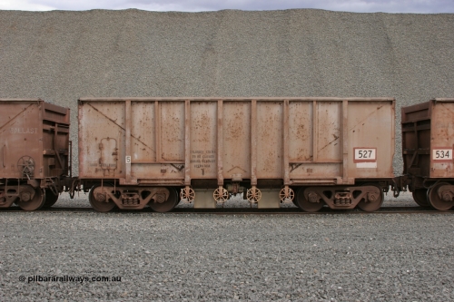 0527 Magor USA 050412 0750
Quarry 8, Shaw Siding area. Side view of 1963 built Magor USA waggon 527, originally in ore service before conversion to a ballast waggon.
Keywords: Magor-USA;BHP-ballast-waggon;
