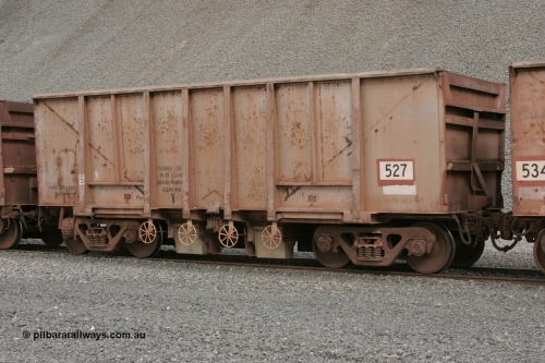0527 Magor USA 050412 0753
Quarry 8, Shaw Siding area. 3/4 view of 1963 built Magor USA waggon 527, originally in ore service before conversion to a ballast waggon.
Keywords: Magor-USA;BHP-ballast-waggon;