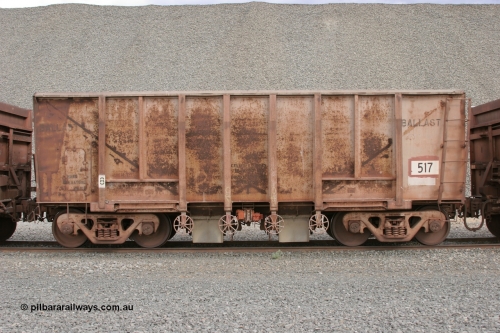 0517 Magor USA 050412 0754
Quarry 8, Shaw Siding area. Side view of 1963 built Magor USA ballast waggon 517.
Keywords: Magor-USA;BHP-ballast-waggon;