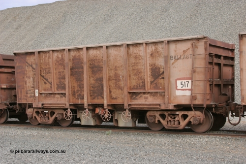 0517 Magor USA 050412 0757
Quarry 8, Shaw Siding area. 3/4 view of 1963 built Magor USA ballast waggon 517.
Keywords: Magor-USA;BHP-ballast-waggon;