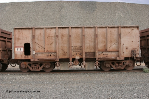 0512 Magor USA 050412 0758
Quarry 8, Shaw Siding area. Side view of 1963 built Magor USA ballast waggon 512.
Keywords: Magor-USA;BHP-ballast-waggon;