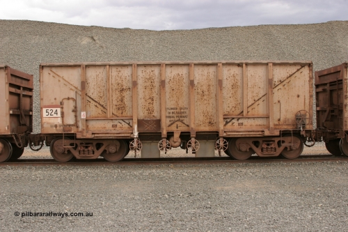 0524 Magor USA 050412 0766
Quarry 8, Shaw Siding area. Side view of 1963 built Magor USA waggon 524, originally in ore service before conversion to a ballast waggon.
Keywords: Magor-USA;BHP-ballast-waggon;