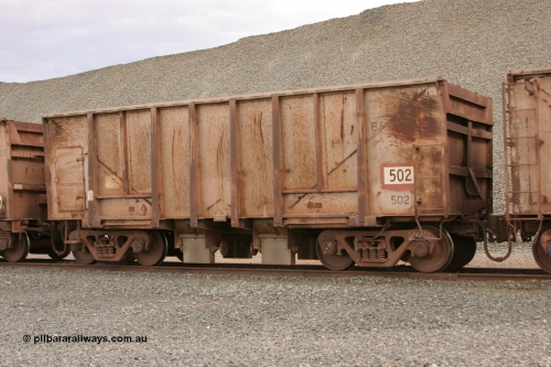 0502 Magor USA 050412 0775
Quarry 8, Shaw Siding area. 3/4 view of 1963 built Magor USA ballast waggon 502.
Keywords: Magor-USA;BHP-ballast-waggon;
