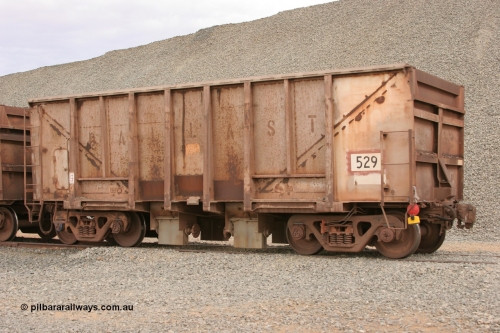 0529 Magor USA 050412 0776
Quarry 8, Shaw Siding area. 3/4 view of 1963 built Magor USA waggon 529, originally in ore service before conversion to a ballast waggon.
Keywords: Magor-USA;BHP-ballast-waggon;