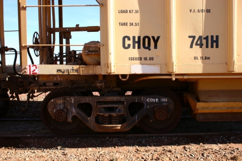 CHQY 741 050518 2141
Flash Butt yard, CFCLA hire ballast waggon CHQY type CHQY 741, shows bogie detail, ASF Ride Control bogie casting with CFCLA id of CQFE 055.
Keywords: CHQY-type;CHQY741;CFCLA;CRDX-type;BHP-ballast-waggon;