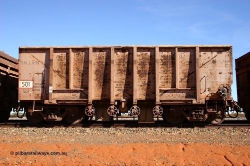 0501 Magor USA 050518 2158
Bing Siding. Side view of 1963 built Magor USA waggon 501, the first of twenty waggons originally used on the Oroville Dam construction before coming to the Pilbara in January 1968 as ballast waggons.
Keywords: Magor-USA;BHP-ballast-waggon;