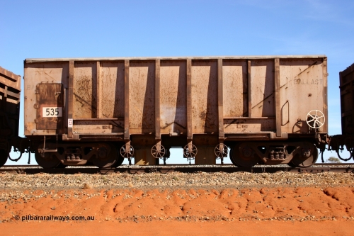 0535 Magor USA 050518 2164
Bing Siding. Side view of 1963 built Magor USA waggon 535, originally in ore service before conversion to a ballast waggon.
Keywords: Magor-USA;BHP-ballast-waggon;